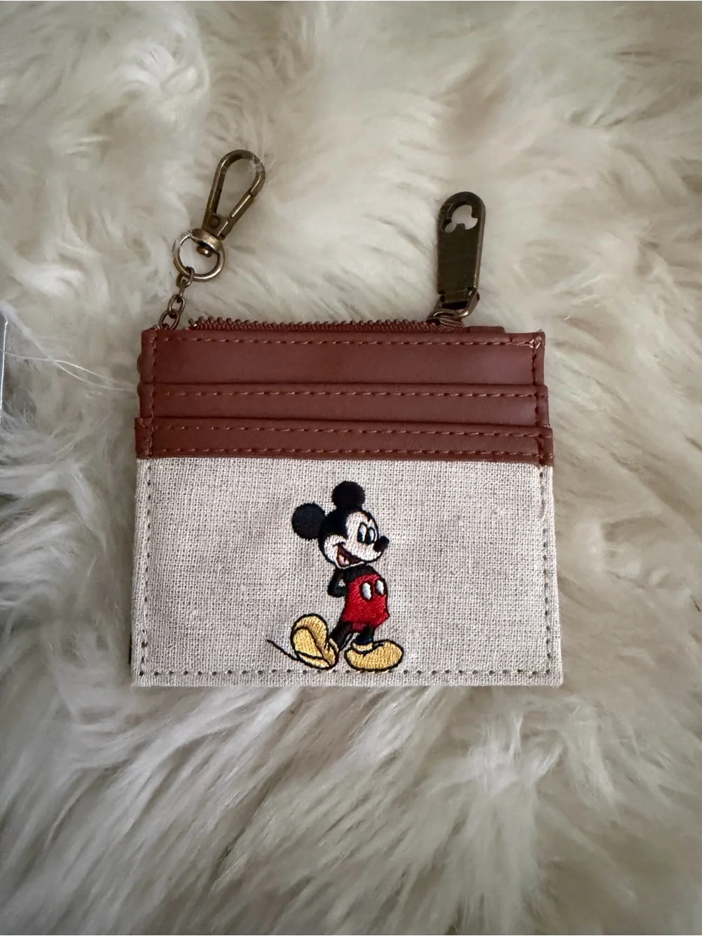 Disney Mickey Mouse Canvas & Brown Leather Card Holder with Key Clip